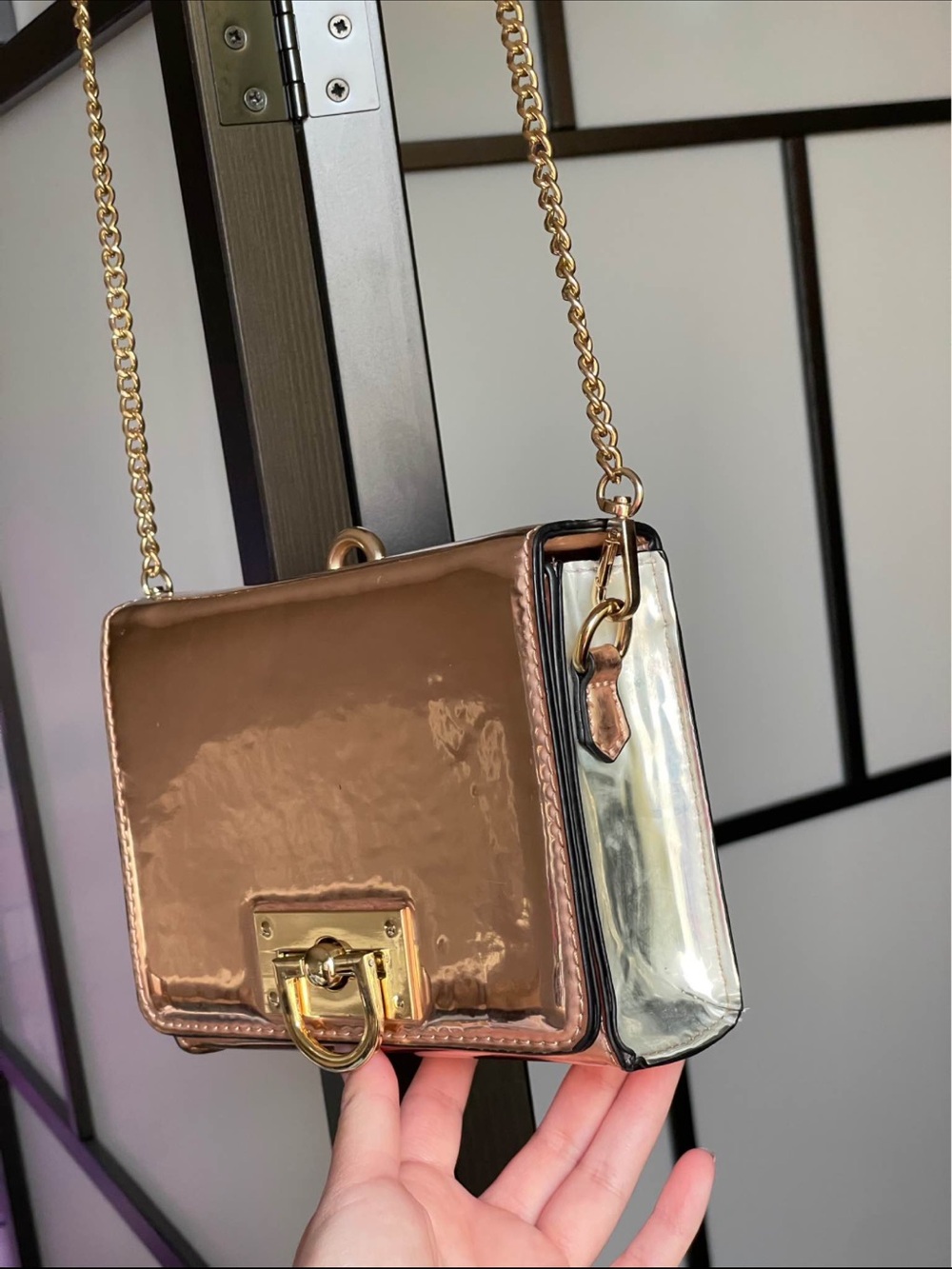 Metallic Rose Gold and Silver Chain Crossbody Bag